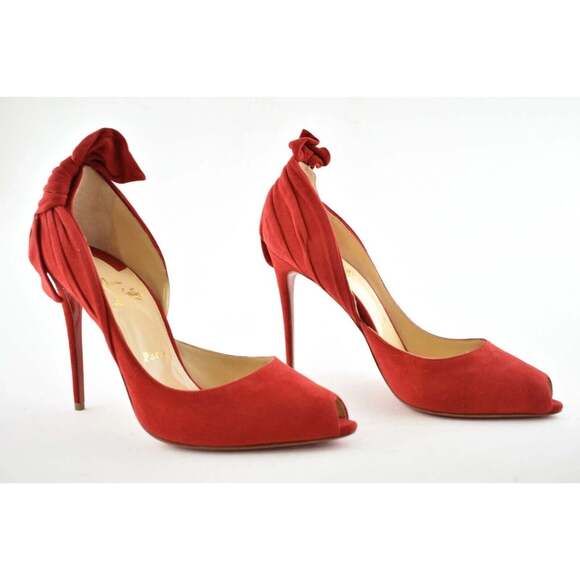 Christian Louboutin Barbara 100 Oeillet Red Suede Peep Toe Bow Heel Pump 39.5 - Picture 3 of 9